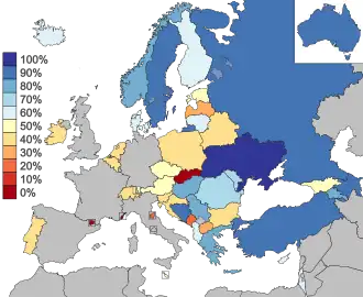 Map of countries in Europe, North Africa and Western Asia, with Australia as an insert in the top-right corner, shaded to indicate their semi-final qualification rates: countries with high rates are shown in shades of blue, while countries with low rates are shown in shades of red and orange