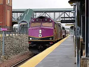 An outbound Lowell Line train at Anderson/Woburn in 2023