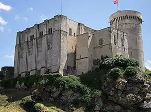 Rectangular keep and round tower at Château de Falaise.