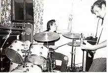 Fang performing in 1983. Left to right: Tim Stiletto and Tom Flynn. Vocalist Sam McBride and bassist Chris Wilson are not visible.