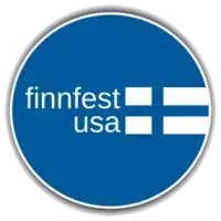 FinnFest logo, a blue circle with FinnFest and a Nordic cross, both in white