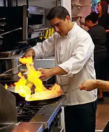 Flambéing in a sauté pan