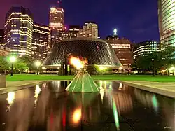 Looking east to Roy Thomson Hall with the eternal flame and The Poet, The Fever Hospital in view.