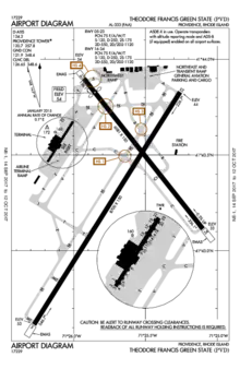 A map with a grid overlay showing the terminals runways and other structures of the airport.