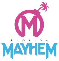 The logo for the Florida Mayhem features a stylized bomb circumscribed around the letter 'M' with a palm tree-shaped fuse.