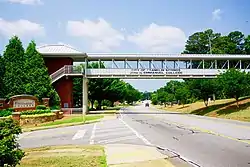 Pedestrian bridge over US 29; entrance to Emmanuel University on the left