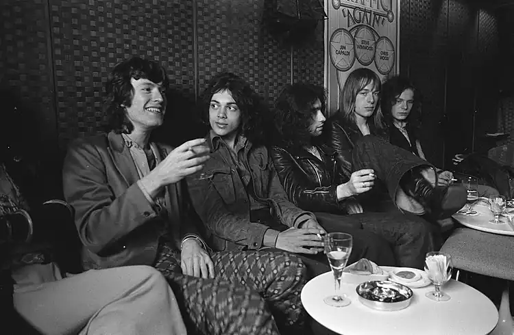 Free in Amsterdam with Steve Winwood c. 1970. Left to right: Winwood, Andy Fraser, Paul Rodgers, Simon Kirke, Paul Kossoff.