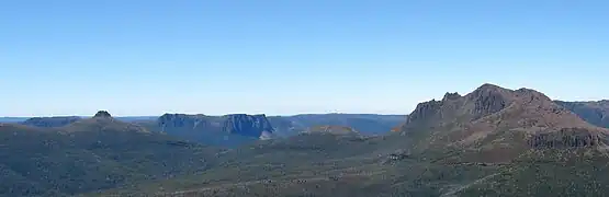 Mount Pelion East left, Cathedral Mountain centre and Mount Ossa right, as seen from Mount Pelion West