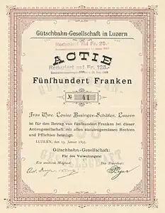 Share certificate of the Gütschbahn-Gesellschaft (founded 1895, wound-up 2007), issued 19. January 1895