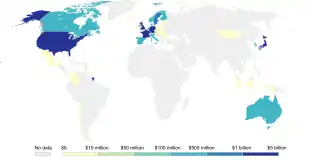 Map showing that the US, various European countries and Japan contributed most the Green Climate Fund