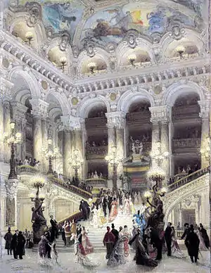 The grand stairway of the Paris Opera, designed by Charles Garnier, was begun in 1864 but not finished until 1875.