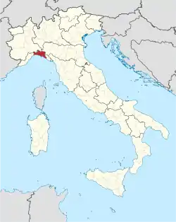 Map highlighting the location of the province of Genoa in Italy