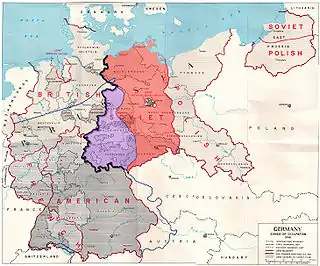 Map showing the Allied zones of occupation in post-war Germany, as well as the line of U.S. forward positions on V-E Day. The south-western part of the Soviet occupation zone, close to a third of its overall area was west of the U.S. forward positions on V-E day.