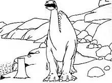 Gertie the Dinosaur stands between a lake and a cave.