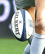 A [[Gilbert Rugby�Gilbert]] white and blue colored rugby ball used in a European Rugby Champions Cup in 2015