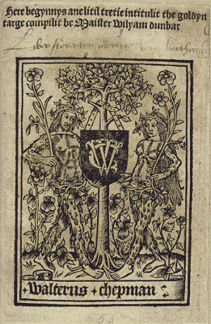 A black print on a yellowed background showing Adam and Eve with a tree between them on which is a shield with the initial WC and the name Walter Chapman printed below.