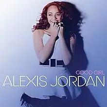 A blue background and the woman with a blue skirt. The white word of performer is 'ALEXIS JORDAN' and the pink word is 'GOOD GIRL'