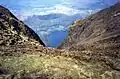 A vertigo-inducing view of Wastwater down Great Gully from the summit of Whin Rigg.