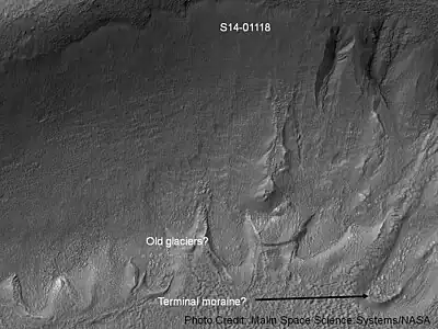 Gullies in a crater in Eridania, north of the large crater Kepler.  Also, features that may be remains of old glaciers are present.  One, to the right, has the shape of a tongue.  Image taken with Mars Global Surveyor, under the Public Target program.