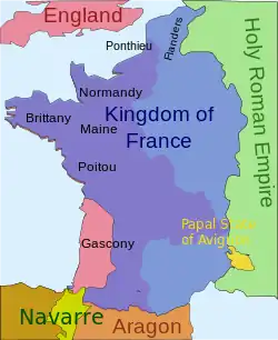 a map of France showing only a small part of the south west under English control