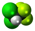 Space-filling model of the 2,2-dichloro-1,1,1-trifluoroethane molecule