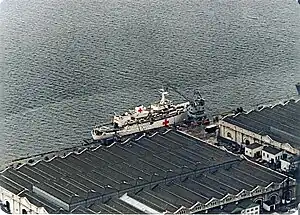 HMS Hecla being converted to an ambulance ship in HM Naval Base Gibraltar.