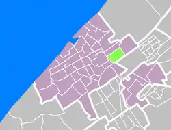 Bezuidenhout (green) is the southernmost of the four Haagse Hout neighborhoods in The Hague (violet)