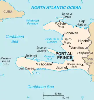 Haiti and its capital Port-au-Prince, shown to the west of the Dominican Republic and south-east of Cuba