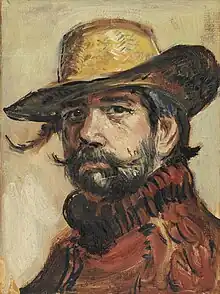 Self-portrait painting of  the artist with beard and wearing a straw hat