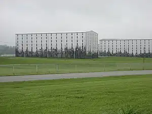 Heaven Hill distillery in Bardstown, Kentucky, US, where fungus is visible on the white warehouses