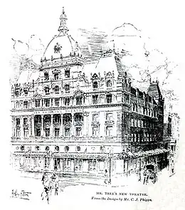 Drawing of elaborate exterior of late 19th-century building