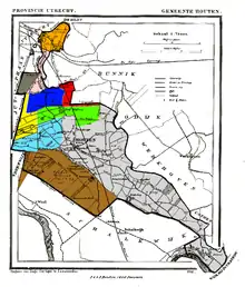 Houten in 1868. The heerlijkheden before 1795 are shown: Oud-Wulven (green), Waaijen (blue), Wulven (light blue), Heemstede (yellow), Grote and Kleine Koppel (pink and dark grey), Maarschalkerweerd (orange), and Slagmaat (red).