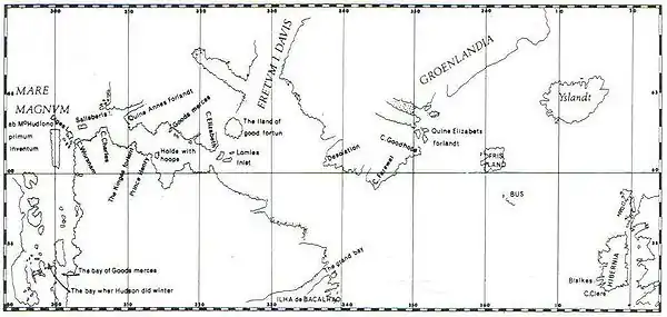 Henry Hudson's map depicting location of Digges Islands in the far west.