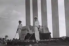 Honor guards stand beside Herzl's coffin on Mount Herzl in Jerusalem, 1949