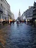 Much of the Royal Mile in Edinburgh, Scotland, is laid with granite setts, as here looking east towards the Tron Kirk.