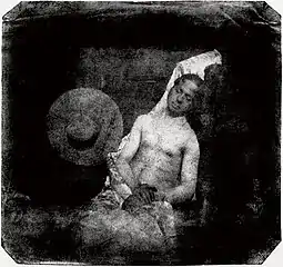 Hippolyte Bayard poses as a drowned man. He lies with his eyes closed, both for the technical reason of the long exposure required by his method and as a protest for the rejection of his claim as inventor of photography.