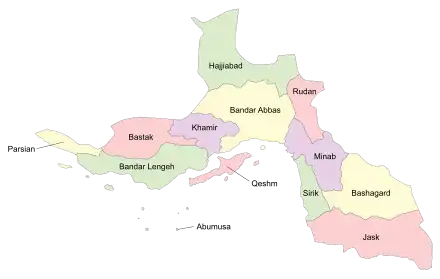 Location of Qeshm County in Hormozgan province (center, pink)