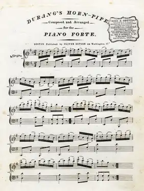 Sheet music for Durang's Horn Pipe published by Oliver Ditson, in Washington Street, Boston 19th century