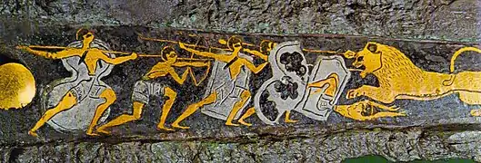 Depiction of a hunting scene on a dagger found in Mycenae, Greece, 16th century BC