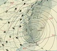 A map of a tropical cyclone, displaying pressure differences as contours.