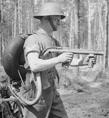 A British World War II–type "lifebuoy" flamethrower in 1944