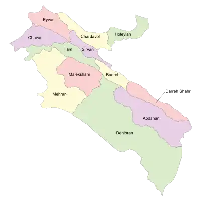 Location of Holeylan County in Ilam province (top right, green)