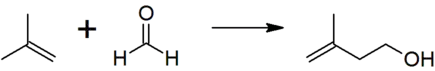 The reaction of isobutene with formaldehyde to give isoprenol, the first step in the industrial manufacture of prenol.