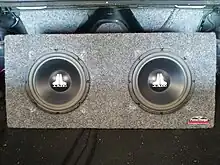 Two 10-inch subwoofers in the trunk of a car