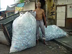 Plastic bottles collected by a Jakarta resident for resale.