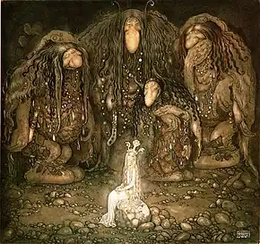 Illustration of three trolls surrounding a princess in a dark area, as adapted from a collection of Swedish fairy tales