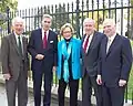 Johnson Military Aides with Social Secretary Bess Abell (L-R)  Dr. Alan Merten (George Mason Univ.), Governor (and Senator) Chuck Robb, Bess Abell, Edward J. Mathias (Carlyle Group), Brian Lamb (C-SPAN)