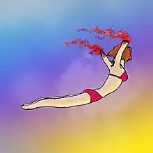 A cartoon drawing of a woman leaping in the sky with her hands cut off, bleeding from the stumps