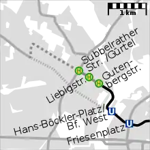 Map of the tunnel from Friesenplatz to Gutenbergstraße