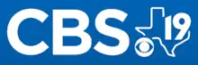 The letters CBS to the left of an outline of the state of Texas. The CBS eye is nestled in the lower left of the outline. Overlapping in the upper right is a sans serif numeral 19.